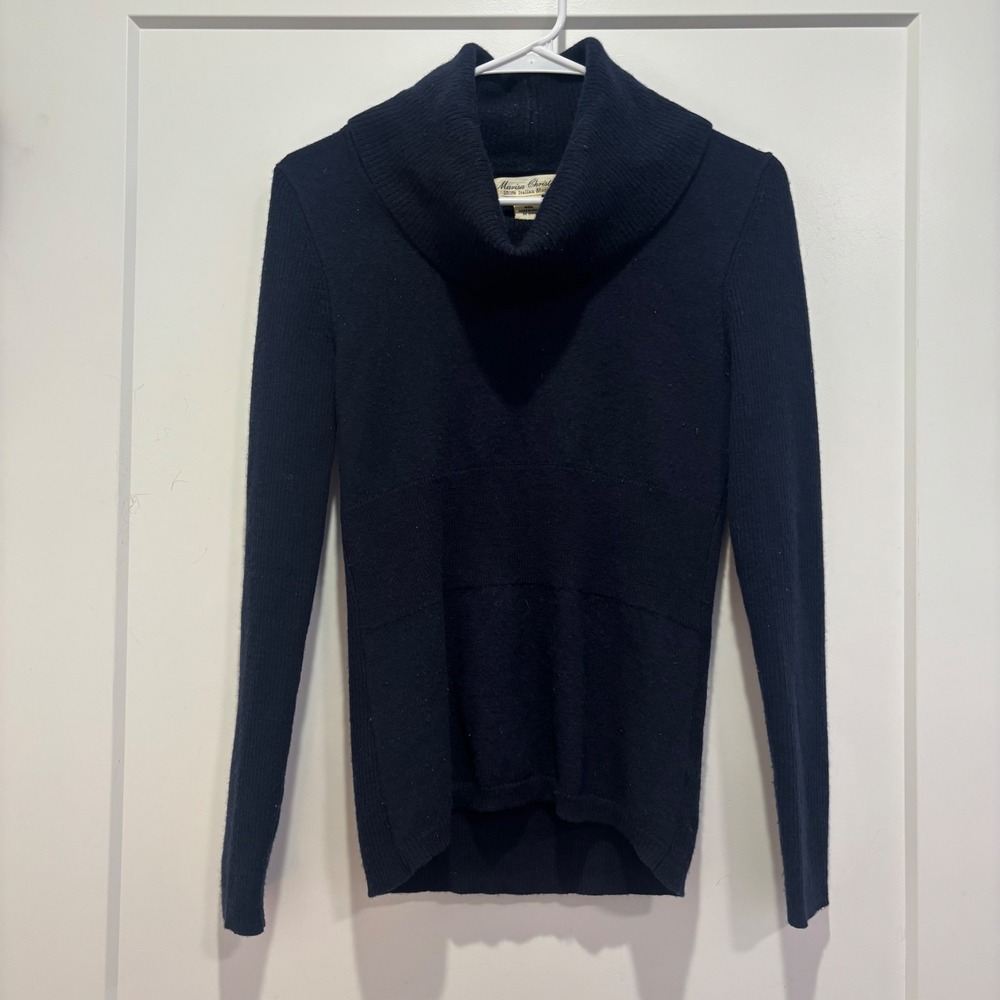 Marisa Christina 100% Italian Merino Wool Cowl Neck Sweater Navy Blue Medium